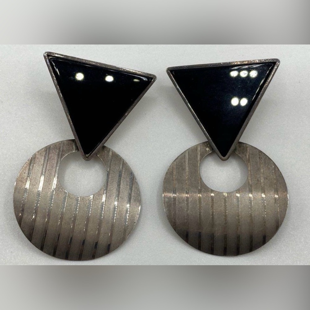 Modernist 925 Sterling Silver Black Onyx Geometric Earrings